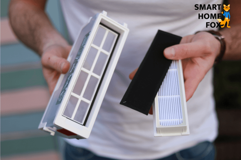 A close-up of the HEPA filter and pre-filter of the Ecovacs Deebot N8.